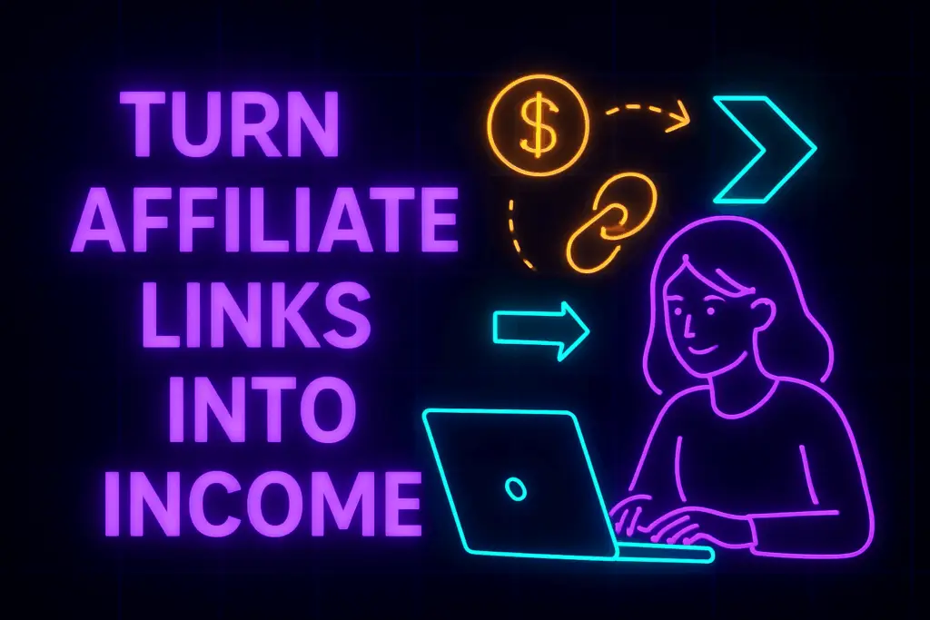 Neon digital illustration with the text 'Turn Affiliate Links Into Income' in glowing purple beside a person on a laptop, with neon gold money and link icons, and cyan arrows