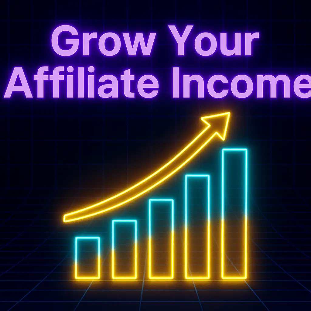 Neon gold and cyan glowing bar chart rising upward with headline 'Grow Your Affiliate Income' on a black futuristic grid.