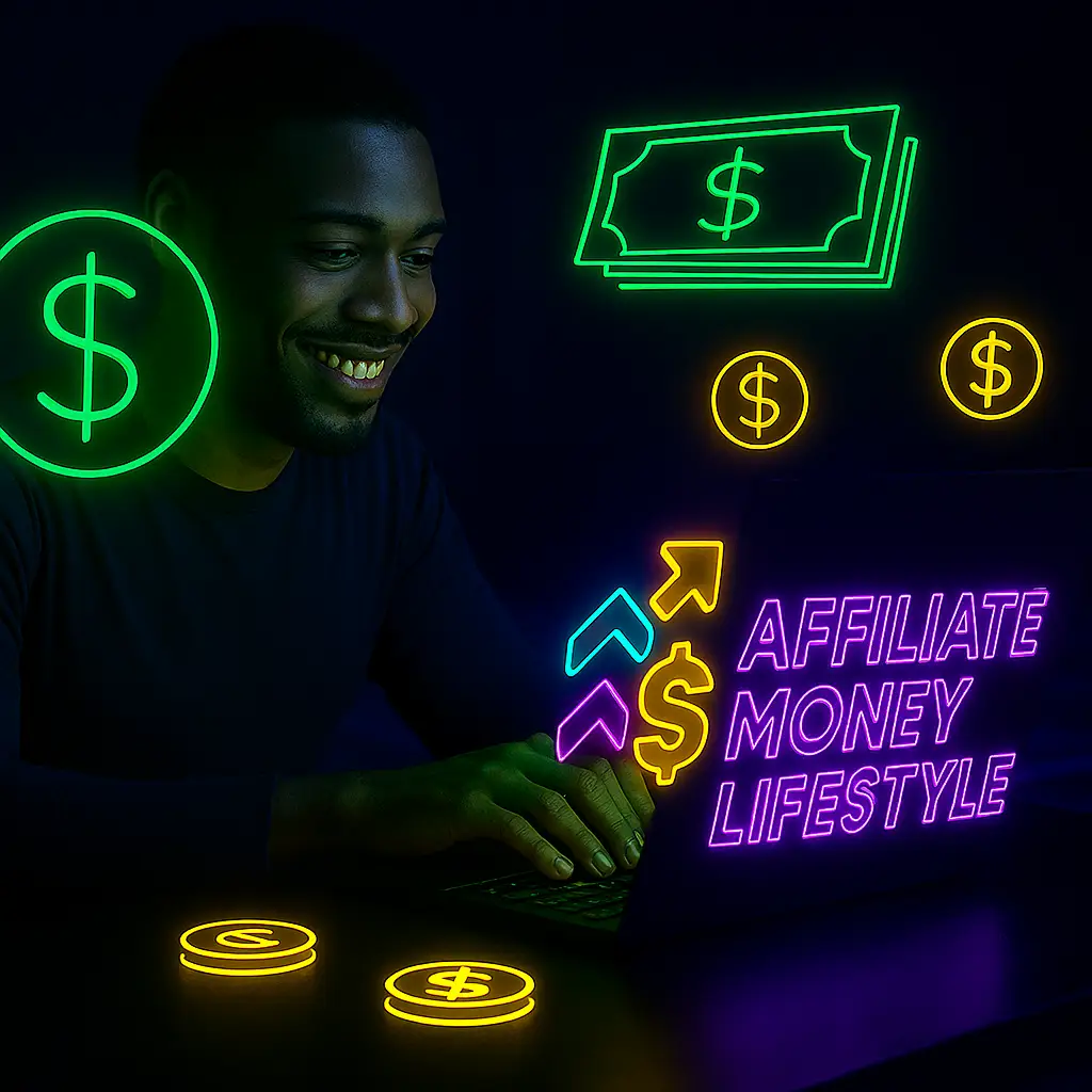 Man using laptop with Affiliate Money Lifestyle logo, surrounded by dollar signs and coins.