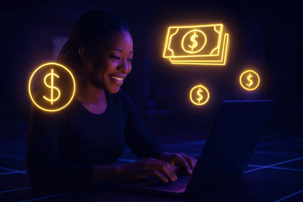 Person on laptop surrounded by glowing neon gold money icons with purple headline 'Turn Affiliate Links Into Income' on a black background.