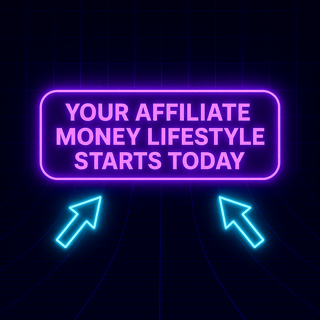 Neon purple button glowing with cyan arrows and headline 'Your Affiliate Money Lifestyle Starts Today' on a black background.